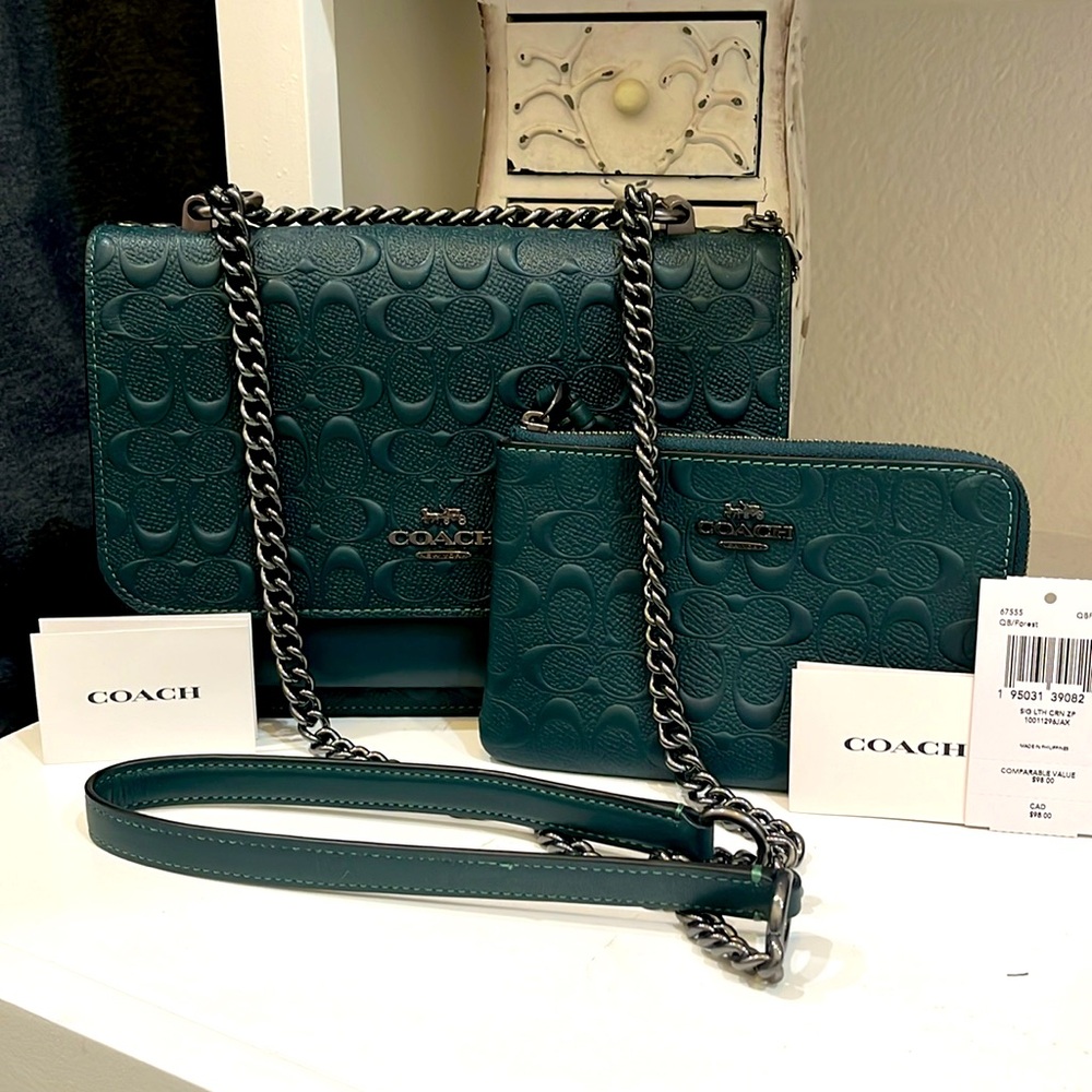 Coach shoulder bag with chain and matching wristlet